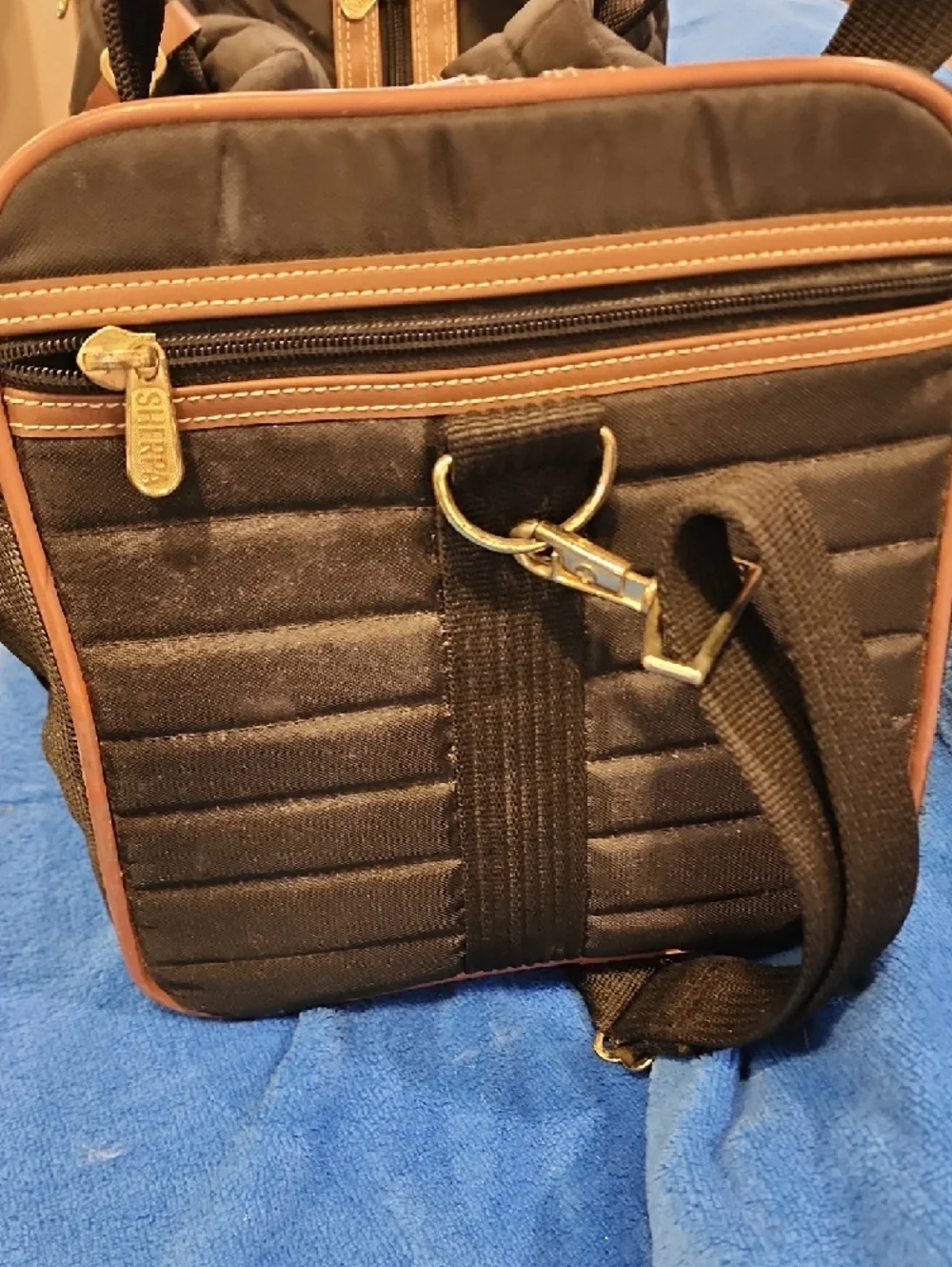 Sherpa Medium Black Quilted Pet Carrier Bag with Brown Trim
